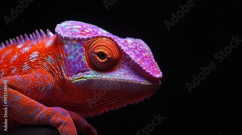 Speckled chameleon in brilliant reds and purples, its iridescent skin glowing softly against a black background.