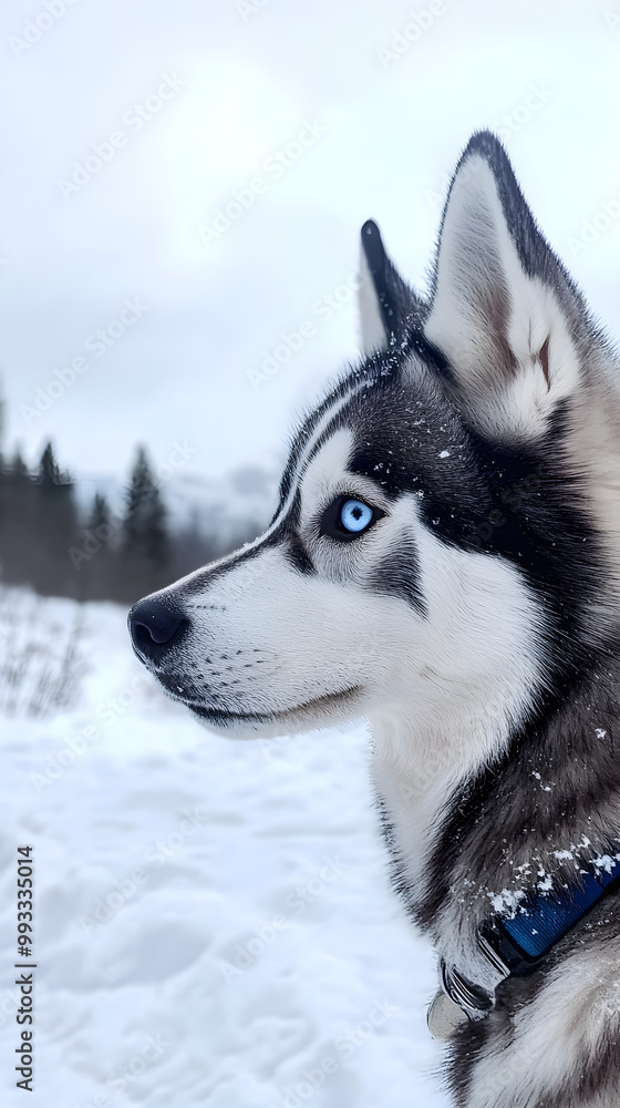 A striking profile of a Siberian husky with bright blue eyes against a snowy landscape showcasing its beautiful fur and distinct features A striking profile of a Siberian husky with bright blue eyes against a snowy landscape showcasing its beautiful fur and distinct features