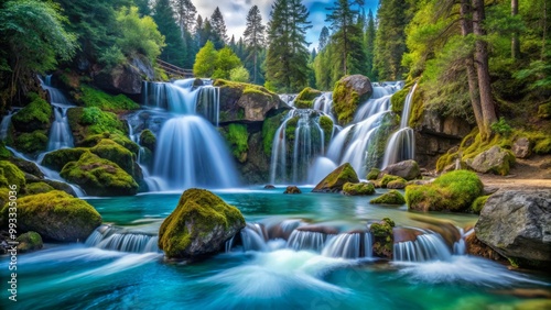 Turquoise waterfalls cascade amidst moss-draped boulders, surrounded by sentinel evergreens standing guard.