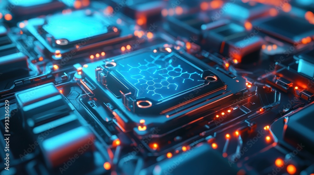 Abstract Technology Background with Blue Glow and Red Lights on Circuit Board. Abstract Technology Background with Blue Glow and Red Lights on Circuit Board.