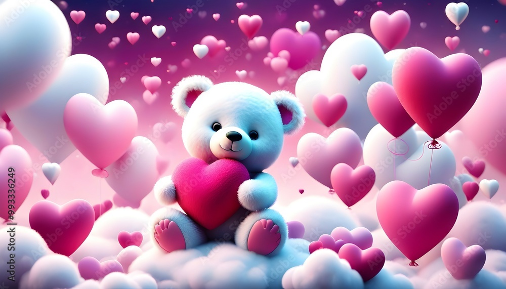 cute teddy on cloud holding pink heart, surrounded by floating balloons cute teddy on cloud holding pink heart, surrounded by floating balloons