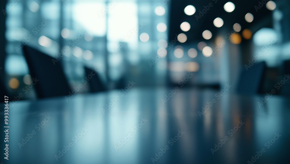 A blurry view of a modern office space, with a table and chairs, and city views A blurry view of a modern office space, with a table and chairs, and city views