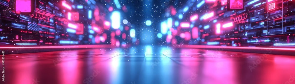 Obraz premium Futuristic digital space with neon lights and reflections on the floor.