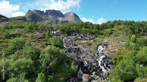 Landscape with Sorvagen waterfall at Munkebu-stig near Sorvagen. Lofoten district in Norway photo