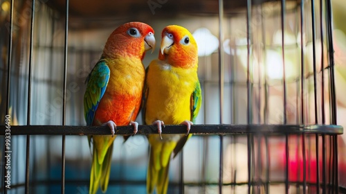 Pair of parakeets in a vibrant cage, chirping and interacting with each other, adding a splash of color and life to a small apartment.