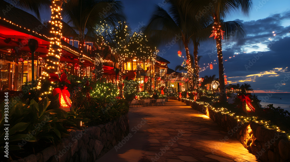 Luxurious beachfront resort illuminated with festive lights surrounded by palm trees and a serene ocean view under a colorful sunset Luxurious beachfront resort illuminated with festive lights surrounded by palm trees and a serene ocean view under a colorful sunset