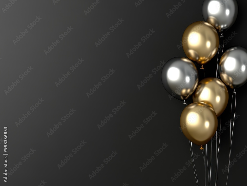 Gold and Silver Balloons on a Black Background - Festive Party Decor. Gold and Silver Balloons on a Black Background - Festive Party Decor.