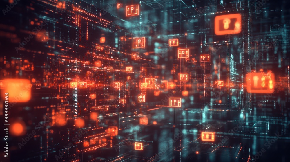 Abstract Digital Data Network with Orange Glowing Squares and Lines. Abstract Digital Data Network with Orange Glowing Squares and Lines.