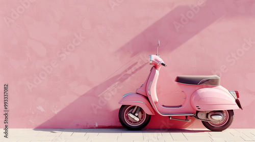 Pink Vintage Scooter Parked Against a Pastel Wall with Dramatic Shadow