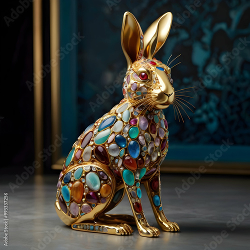 An extraordinary and creative masterpiece showcases a mesmerizing hare intricately formed from a dazzling collection of small precious stones and metals. The hare’s distinct shape and design seamlessl photo