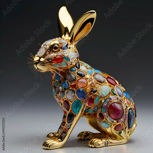 An extraordinary and creative masterpiece showcases a mesmerizing hare intricately formed from a dazzling collection of small precious stones and metals. The hare’s distinct shape and design seamlessl photo