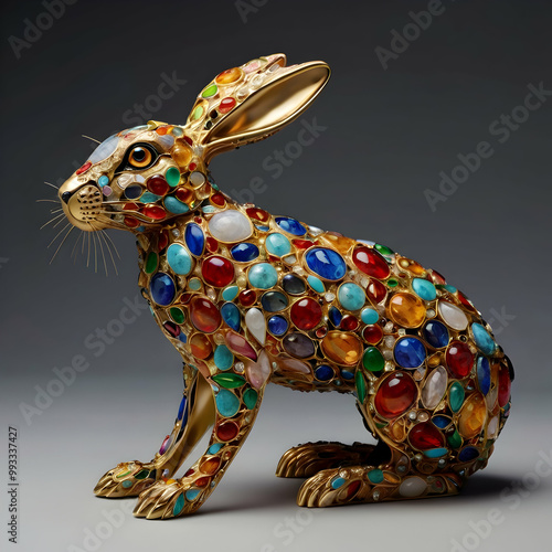 An extraordinary and creative masterpiece showcases a mesmerizing hare intricately formed from a dazzling collection of small precious stones and metals. The hare’s distinct shape and design seamlessl photo