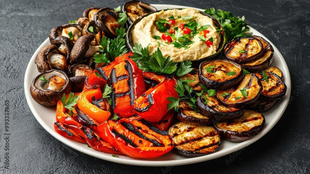 A colorful platter of grilled mushrooms, peppers, and eggplant, served with hummus, grilled vegetable platter, vegetarian appetizer A colorful platter of grilled mushrooms, peppers, and eggplant, served with hummus, grilled vegetable platter, vegetarian appetizer