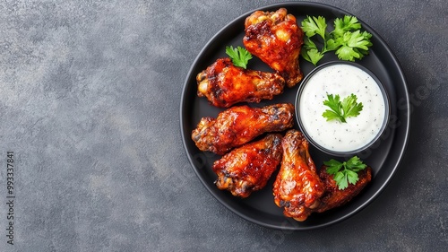 A plate of grilled chicken wings marinated in a spicy buffalo sauce, served with ranch dressing, buffalo grilled wings, spicy appetizer photo