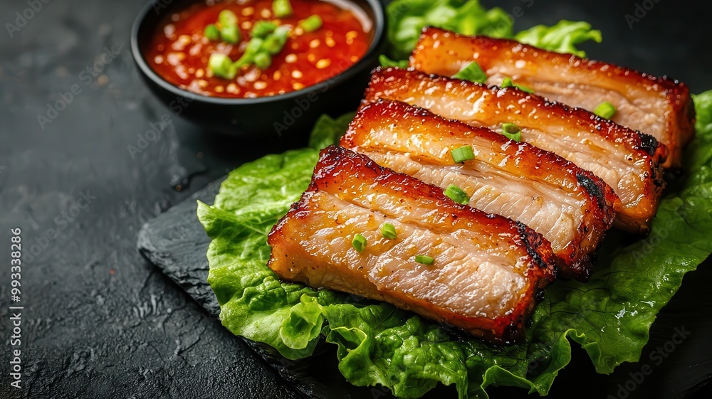 Grilled pork belly slices served with lettuce wraps and spicy dipping sauce, grilled pork belly, Korean barbecue Grilled pork belly slices served with lettuce wraps and spicy dipping sauce, grilled pork belly, Korean barbecue