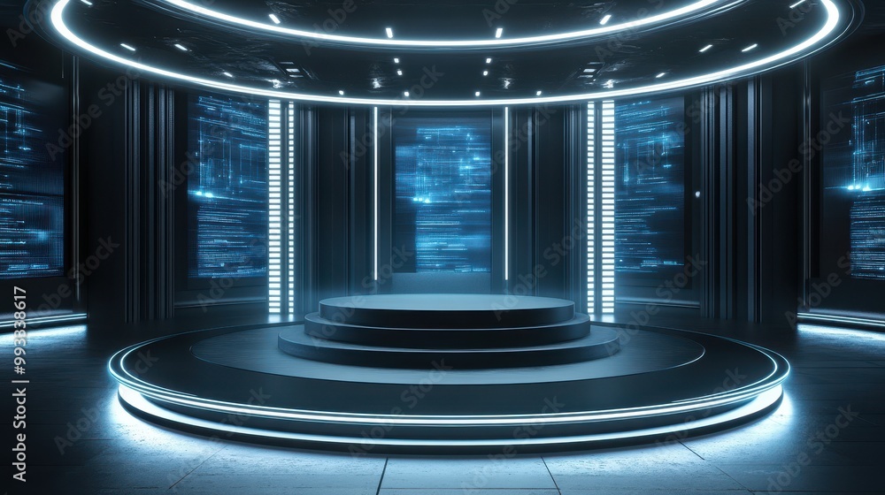 Futuristic Sci-Fi Circular Podium with Neon Lights and Digital Interface Background - 3D Rendering. Futuristic Sci-Fi Circular Podium with Neon Lights and Digital Interface Background - 3D Rendering.