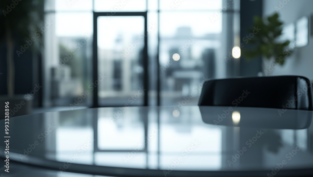 A round, white table with a black chair in front of large windows. Blurred city view beyond A round, white table with a black chair in front of large windows. Blurred city view beyond