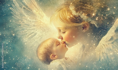 Angel kisses sleeping baby with starry background.