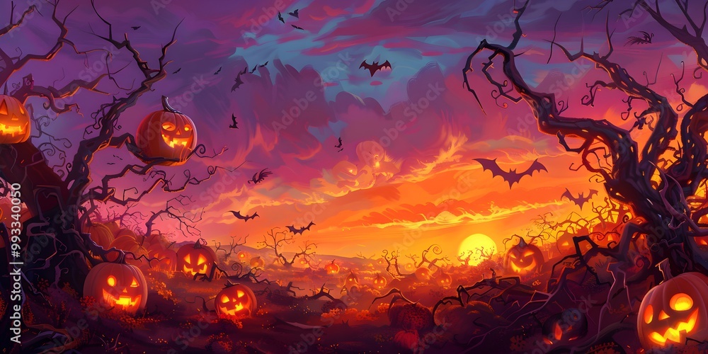 Halloween Illustration Background Pumpkin Patch at Twilight with Glowing Jack o Lanterns and Bats in a Spooky Vines Filled Landscape Halloween Illustration Background Pumpkin Patch at Twilight with Glowing Jack o Lanterns and Bats in a Spooky Vines Filled Landscape