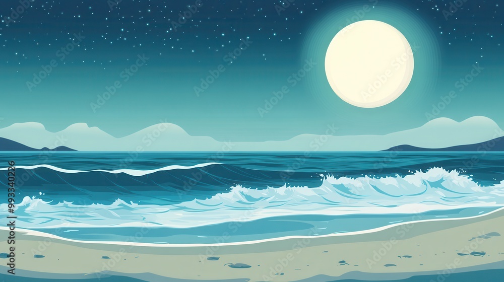 Obraz premium Peaceful Ocean Scene at Night with Full Moon and Stars.