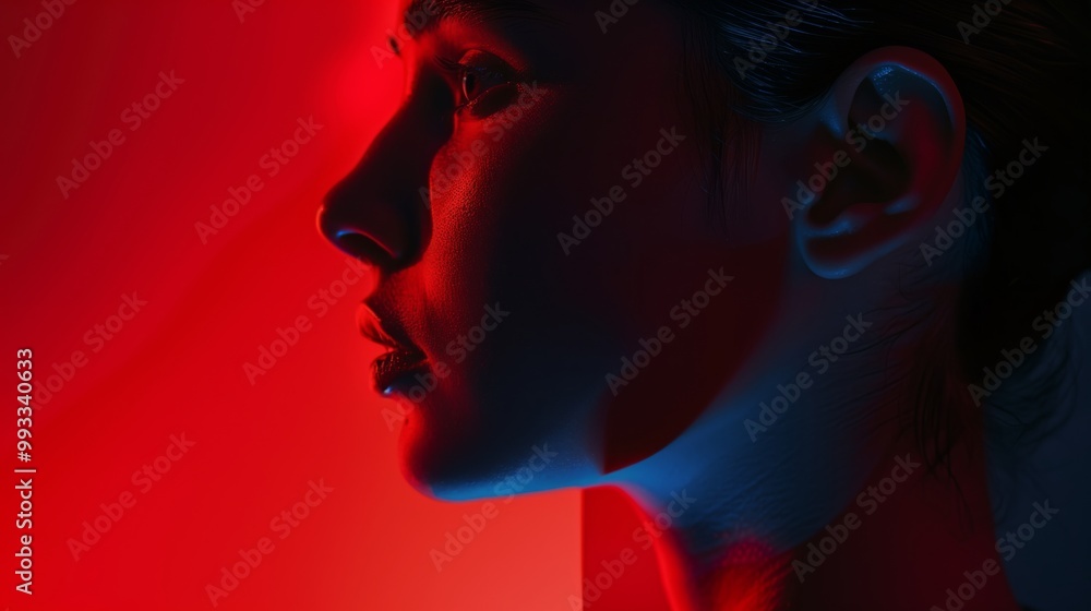 Profile Portrait of Woman in Red and Blue Lighting - Dramatic Digital Photography Profile Portrait of Woman in Red and Blue Lighting - Dramatic Digital Photography