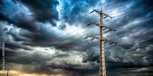 infrastructure, utility, energy, stormy, pole, storm, electric, transmission, power, long shot, technology, weather, A long shot of an electricity pole against a cloudy and stormy background