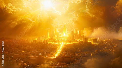 From the heavens descends the New Jerusalem made of gold, descend of God according to Bible. God calls His people to gather, as the divine city touches the earth.