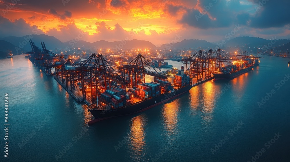 Container Ship Docked at a Busy Harbor at Sunset Container Ship Docked at a Busy Harbor at Sunset