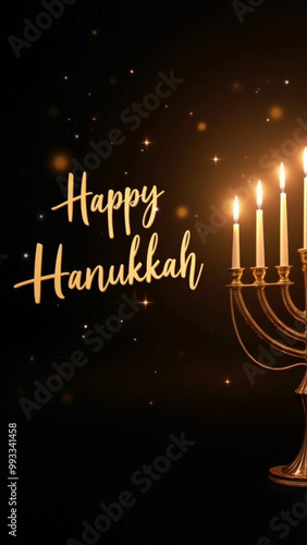 Hanukkah menorah with glowing candlelight and festive message