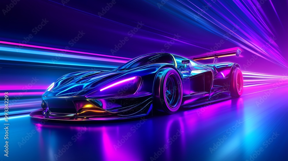 Futuristic race car with neon lights on a dynamic background. Futuristic race car with neon lights on a dynamic background.