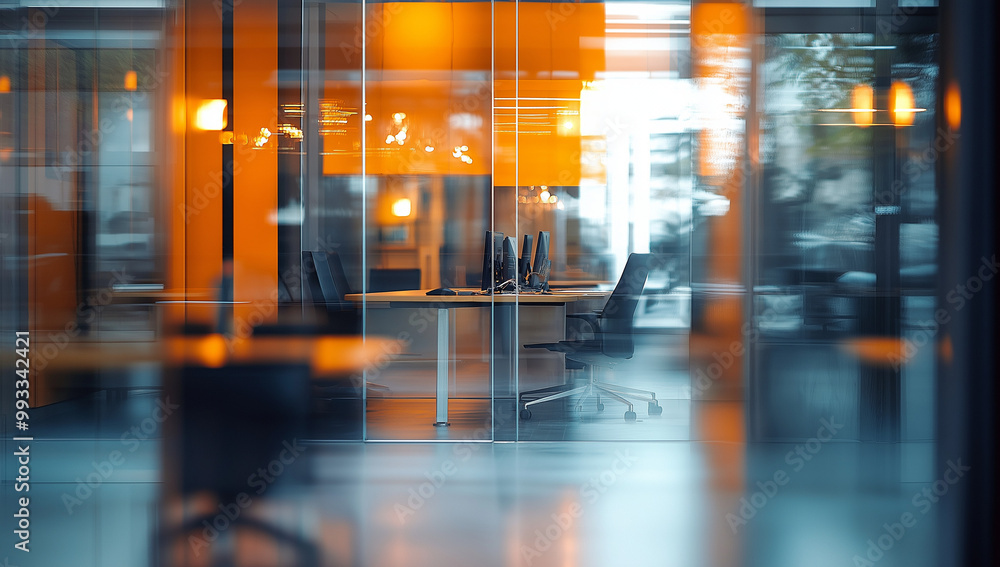 A blurry view of an office space. Orange walls, a table, and chairs are visible through glass A blurry view of an office space. Orange walls, a table, and chairs are visible through glass