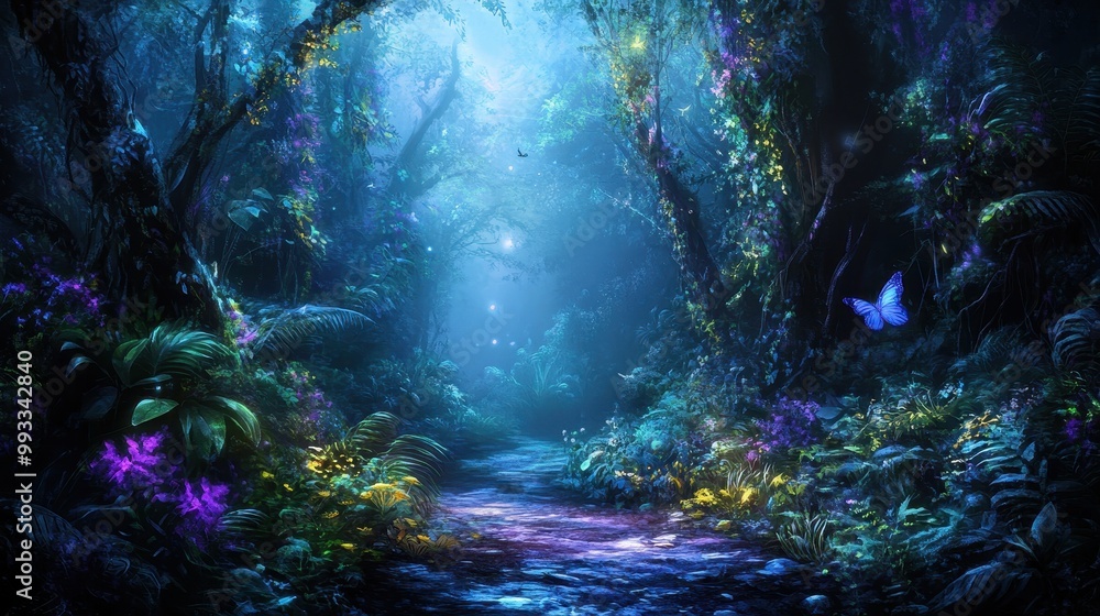 Enchanting Moonlight Path Through a Magical Forest with Glowing Flowers and a Blue Butterfly Enchanting Moonlight Path Through a Magical Forest with Glowing Flowers and a Blue Butterfly