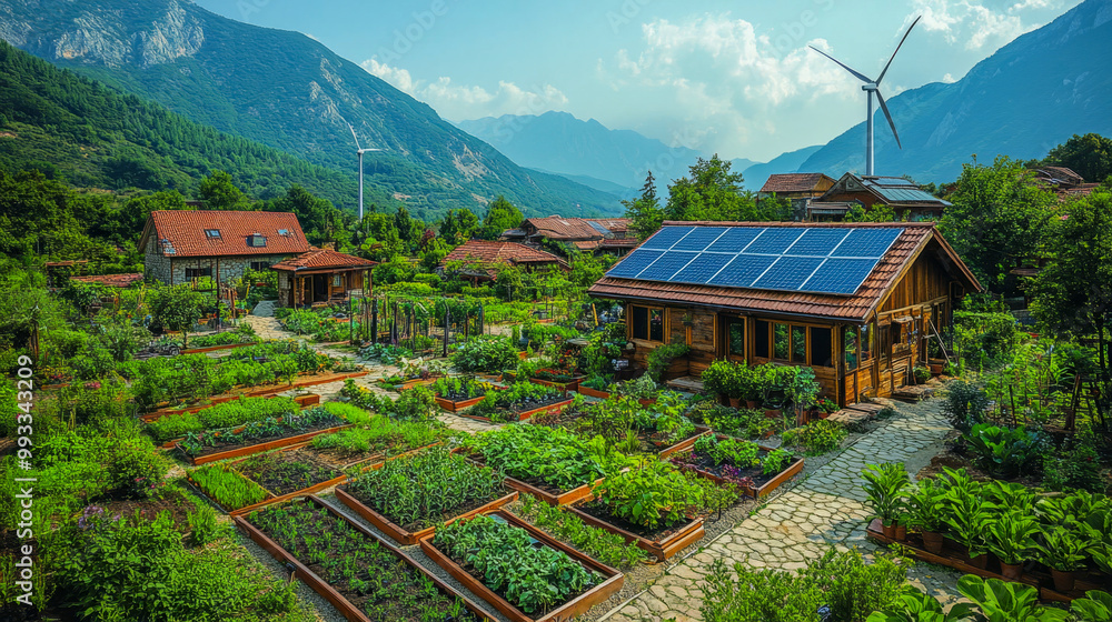 Eco-friendly sustainable farm features thriving vegetable garden, solar panels, and wind turbine