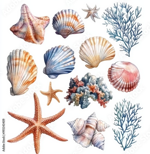 Set of different sea shells, corals and starfishes. Watercolor ocean under the sea illustration, Generative AI