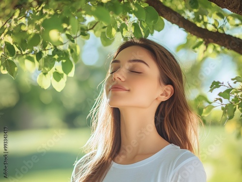 Relaxed woman standing under a tree, eyes closed, feeling the cool breeze, surrounded by nature with ample copy space in the background