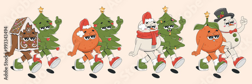 Set of Christmas cartoon characters and elements. Merry Christmas and Happy New year in trendy groovy style. Snowman, gingerbread house, Christmas tree, tangerine. 