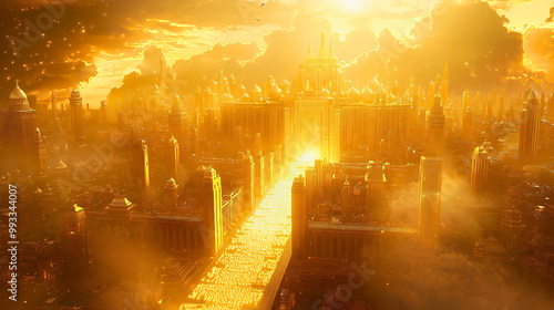 From the heavens descends the New Jerusalem made of gold, descend of God according to Bible. God calls His people to gather, as the divine city touches the earth.