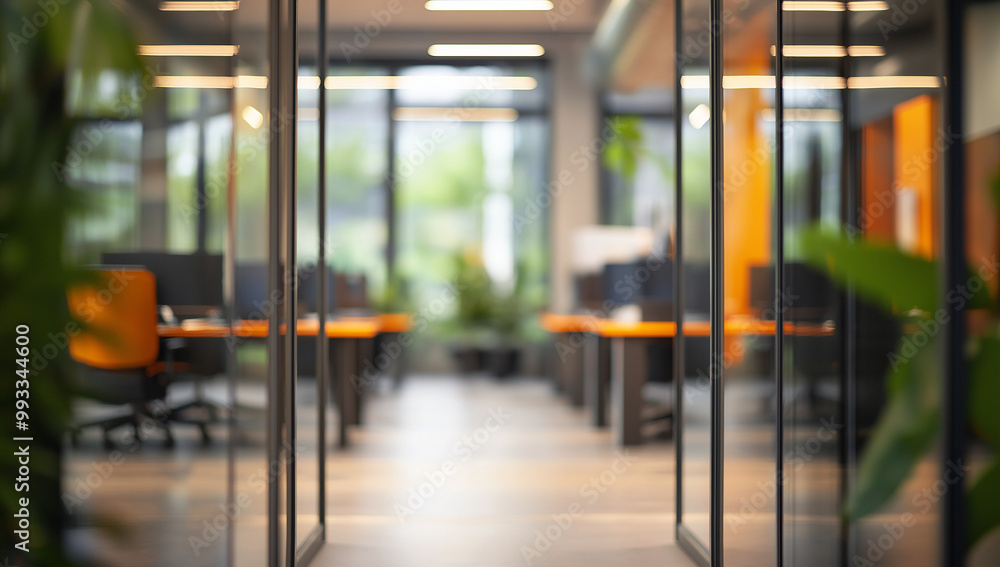 Open glass doors to a blurry office space with desks, computers, and plants Open glass doors to a blurry office space with desks, computers, and plants