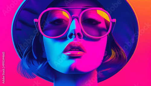 girl with sunglass , neon , background