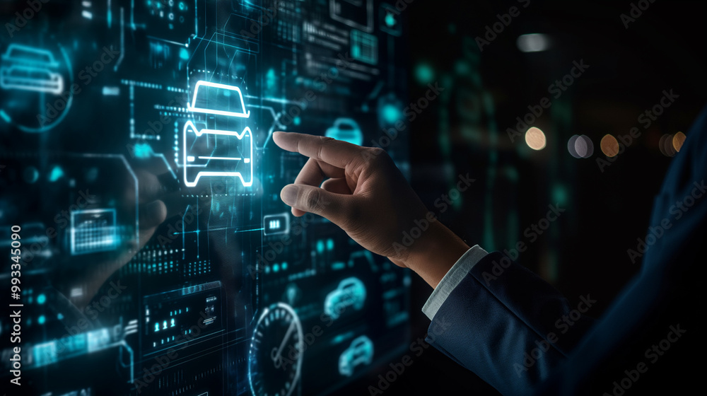 Businessman Interacting with Car Dashboard Interface on Digital Screen Businessman Interacting with Car Dashboard Interface on Digital Screen