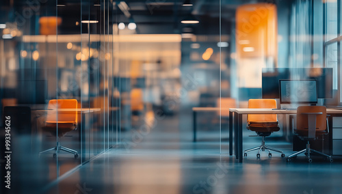 A modern office space with glass partitions, desks, and orange chairs. Blurry figures are visible