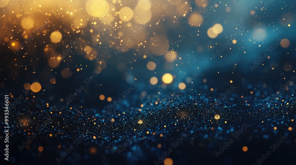 Obraz premium Abstract background featuring dark blue and gold particles enhanced with sparkling gold stars and bokeh effects creating a festive atmosphere with a luxurious gold foil texture