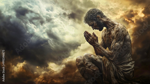 Job, covered in painful sores from head to toe, kneels in agony, yet his faith remains unshaken. Amidst his suffering, he lifts his voice in prayer to God.