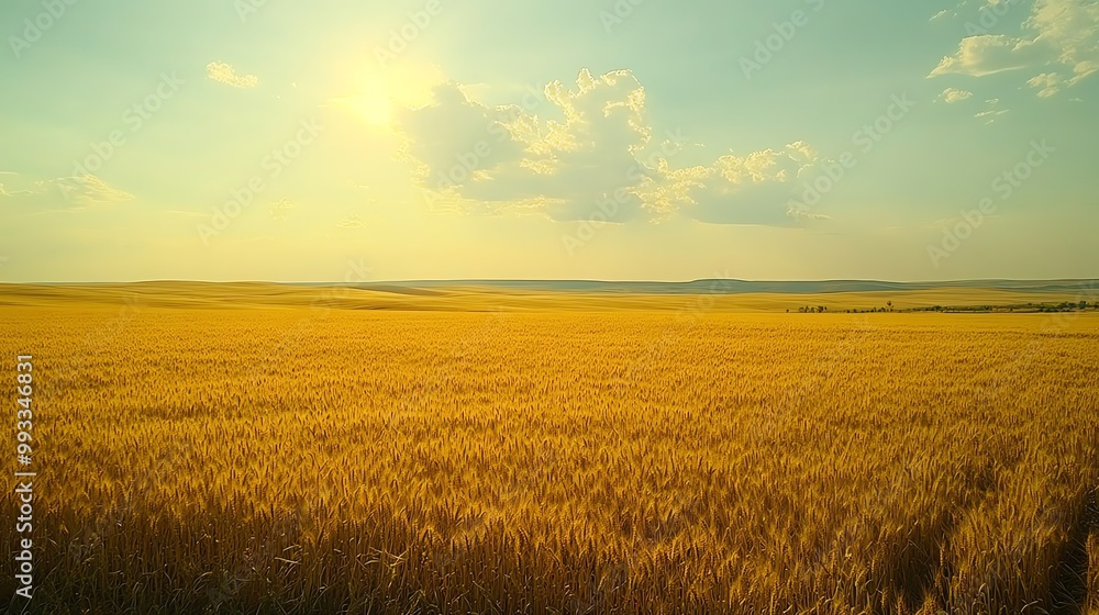 Golden wheat field under a bright sky with sun and clouds. Golden wheat field under a bright sky with sun and clouds.