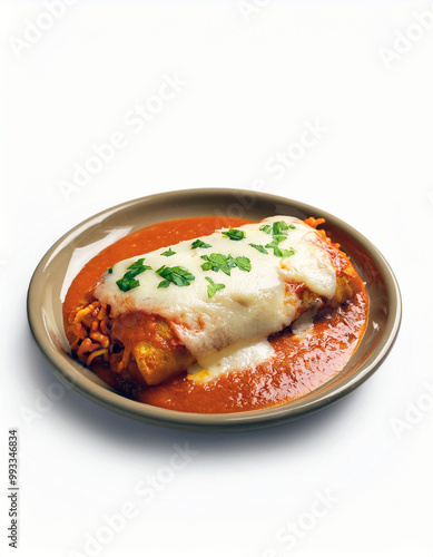 Close-up of a single serving of enchiladas with melted cheese on top, resting in a brown plate with