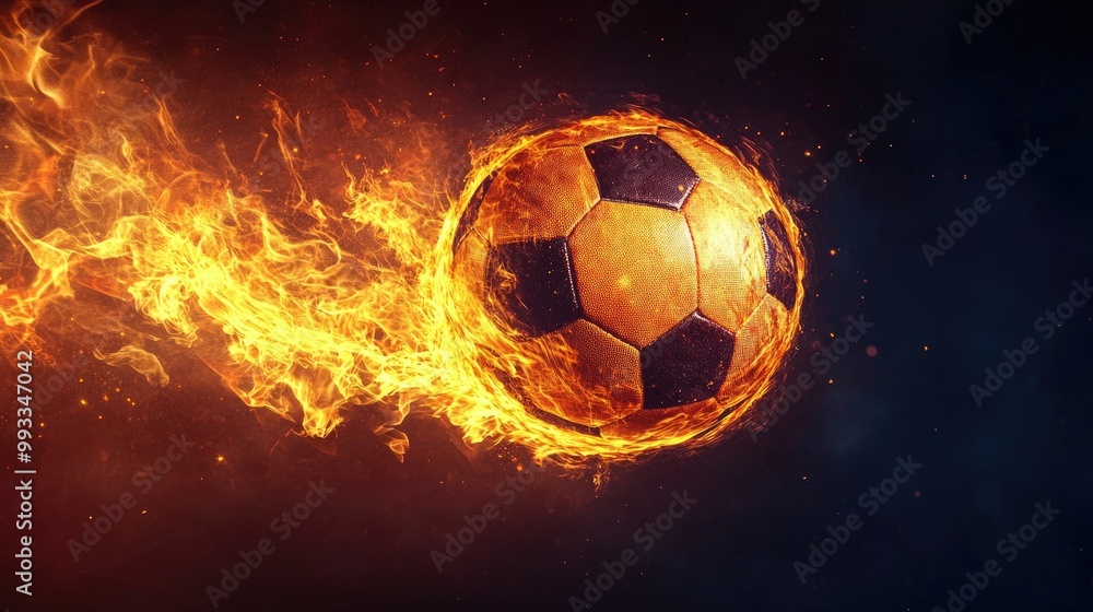 Naklejka premium Fiery soccer ball against a dark backdrop Highlighting a triumphant goal Ideal for sports betting football match promotions or as a customizable banner or poster