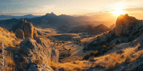 Panoramic view of mountain range during autumn sunrise