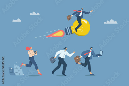 Businessman riding a light bulb creates ideas, Defeating business competitors, New creativity creates competitive advantage, Business leaders win, Strategies and ideas for success. Vector design.