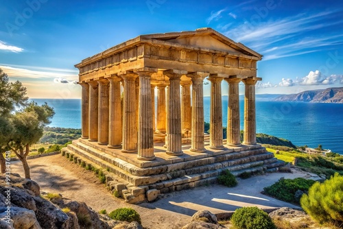 A stunning view of the temple of Neptune situated at the edge of the shore of the Bay Tilted Angle with majestic columns and a picturesque landscape, columns, Neptune, Bay Tilted Angle, shore photo