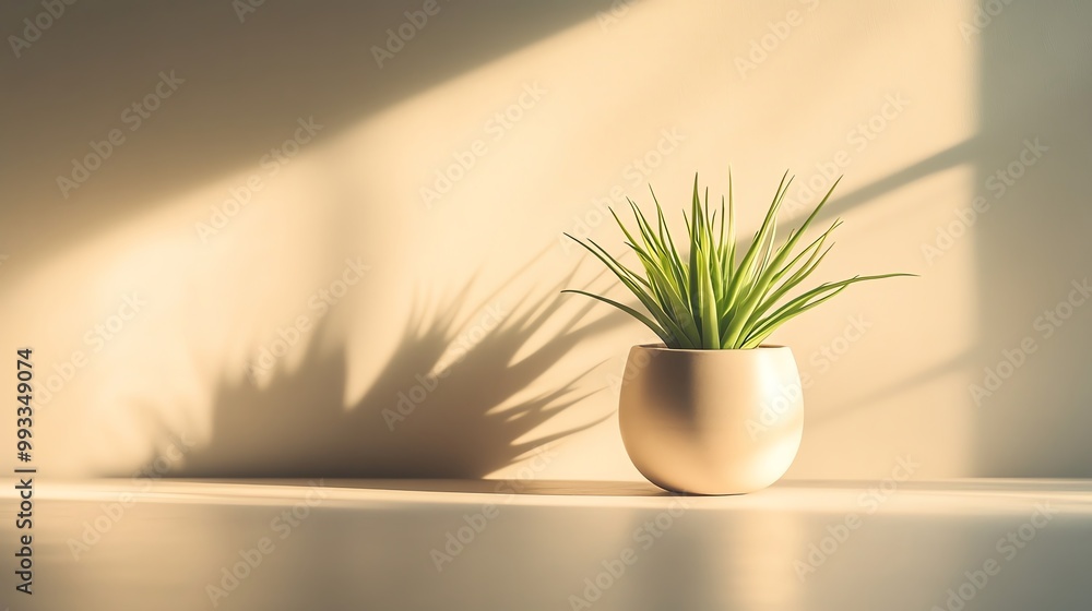 Green plant in a round pot casting shadows on a wall from natural sunlight. Green plant in a round pot casting shadows on a wall from natural sunlight.